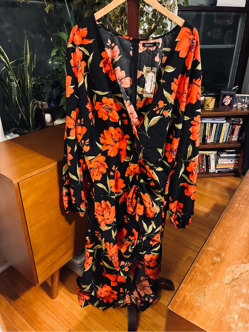 Boohoo Plus Maxi Black & Orange Floral Wrap Dress